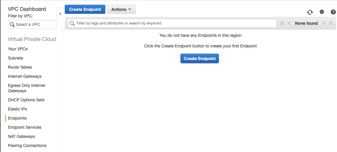 VPC コンソールから、[Endpoint] と [Create New Endpoint] を選択します