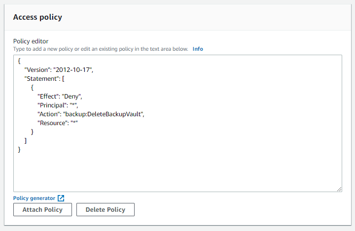 AWS backup console - view properties of the newly provisioned vault