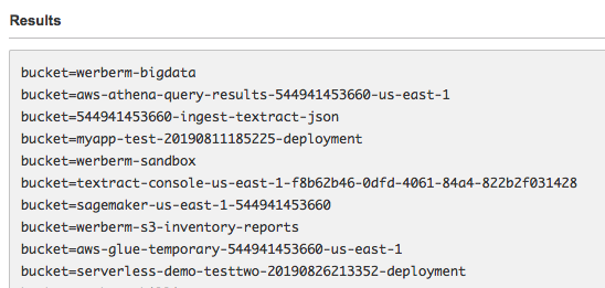 A successfully cataloged analytics report with bucket names appearing as table partitions