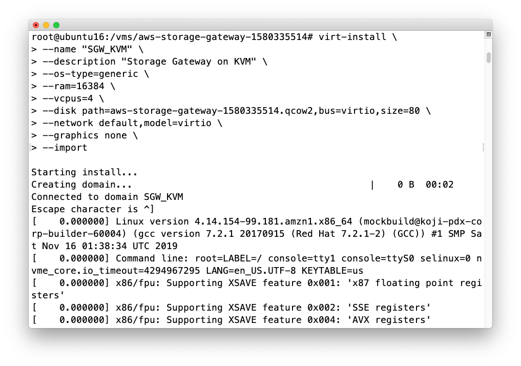 また、以下のスクリーンショットは、異なるメモリや vCPU 割り当てなど、独自のパラメータと設定を使用して Storage Gateway VM を手動でインストールする方法を示しています。