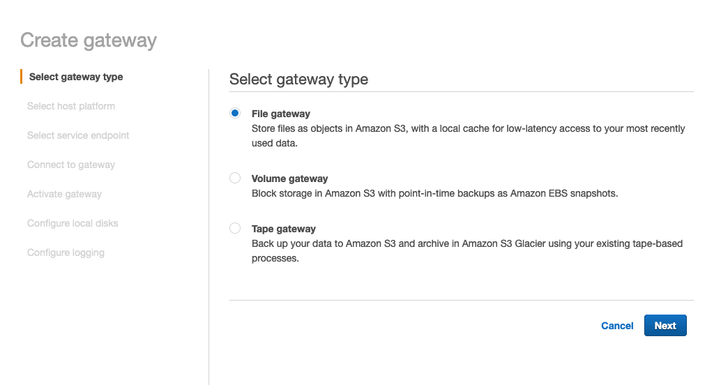 From there, create a gateway and Select gateway type you would like to launch (File, Volume, or Tape) on your virtual machine.