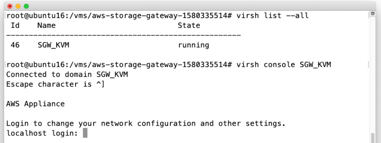 Once your gateway VM is running, you can log into the gateway using the virsh console command and passing the VM name in the command.