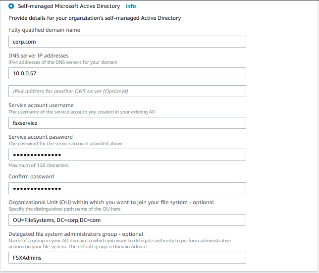 Self-managed Microsoft Active Directory - provide the required details