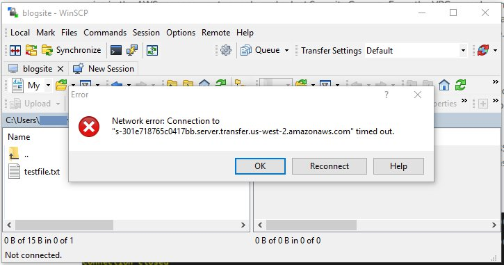 Using the hostname of your SFTP server, try to connect using your preferred SFTP client. At this point, you should experience a timeout