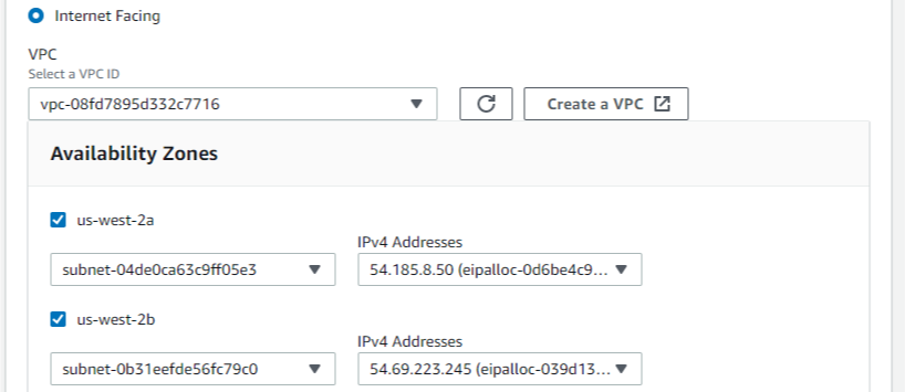 選択できるアベイラビリティーゾーンは 2 つだけで、サブネットを作成するために AWS CloudFormation テンプレートが選択したものであることがわかります