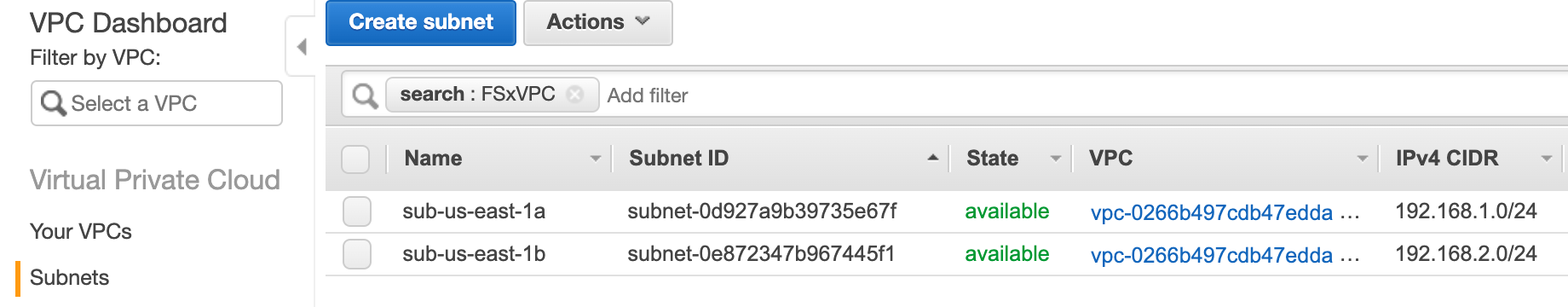 These subnets are shared with the application account to be used by your FSx for Windows File Server deployment