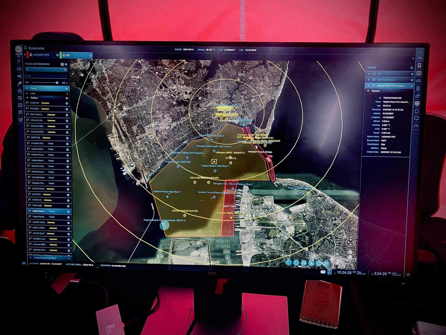 Figure 1 - Novetta's Ageon ISR displaying location data from first responder vessels on the bay in Hampton Roads, Virginia