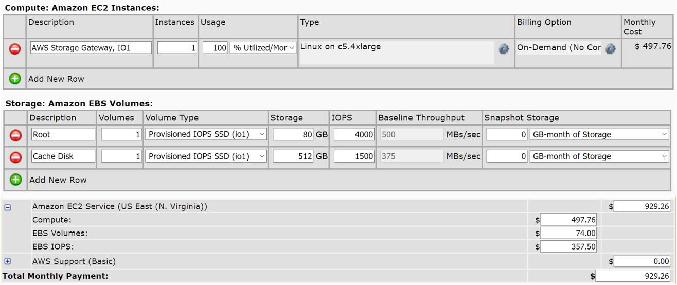 c5.4xlarge io1-storage ベースの AWS Storage Gateway インスタンスのみ (EC2 インスタンスのみ) の月額費用は約 930 USD