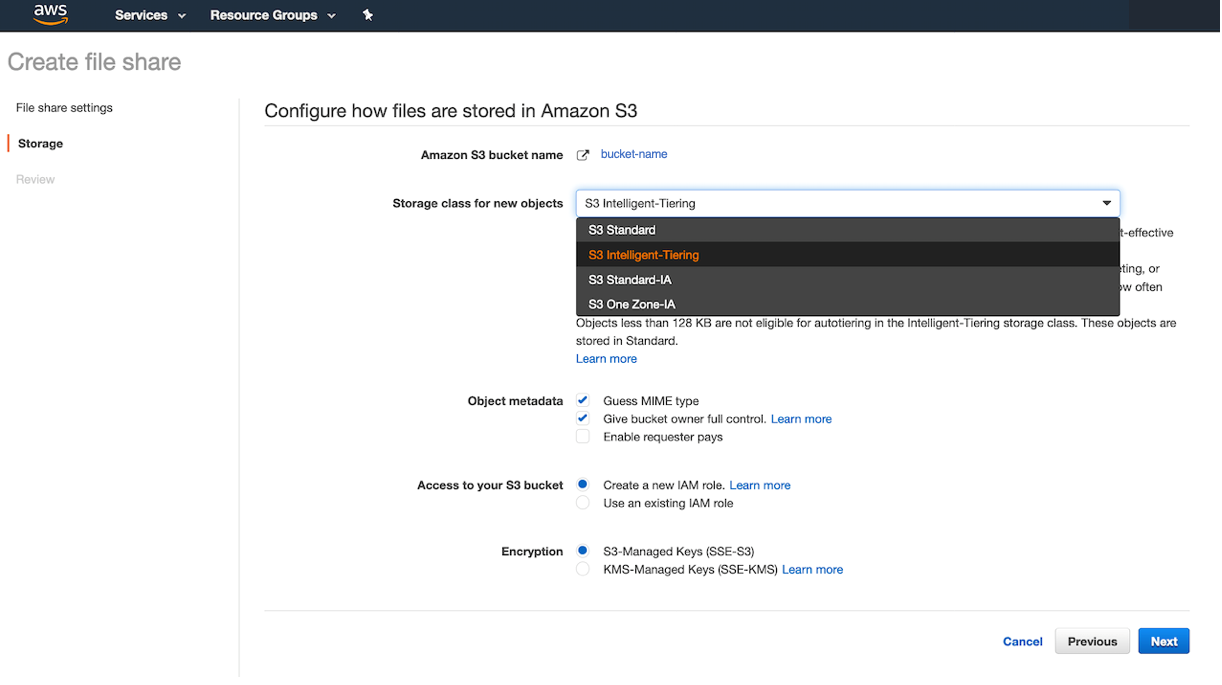 ファイル共有作成ウィザードで S3 Intelligent-Tiering を選択