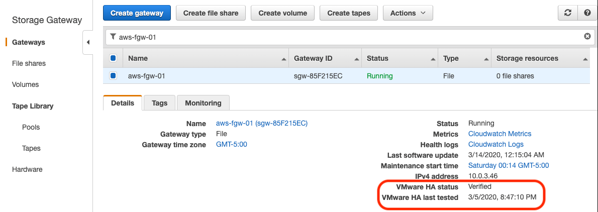 An example of a File Gateway that was deployed in a VMware Cluster on-premises with High Availability enabled.