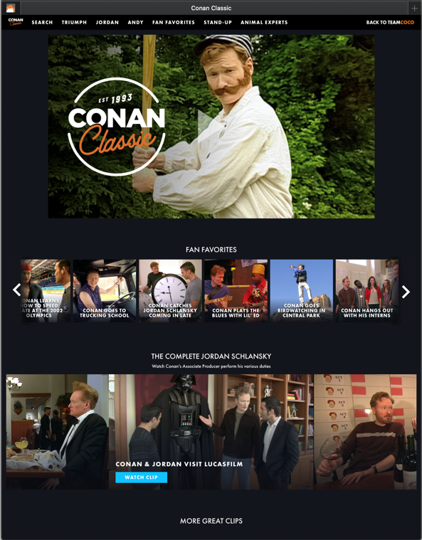 TeamCoco website homepage - Conan holding a club.