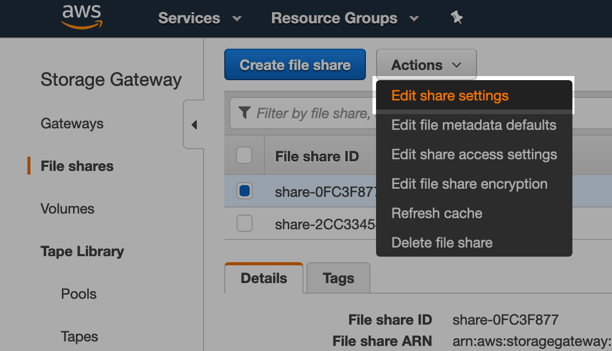 Configuring automatic cache refresh in the console - go to the correct file share, then actions, and edit file share.