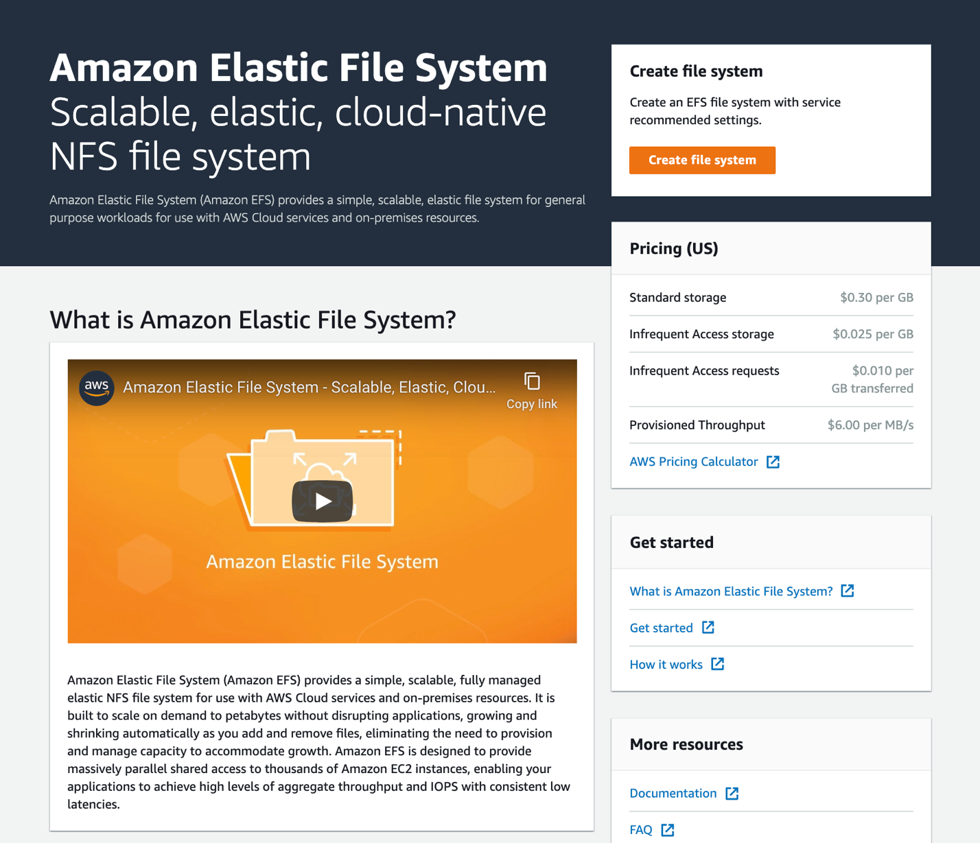 First look screenshot at the updated Amazon EFS console - name at the top, intro video below, pricing on the right, create file system top right