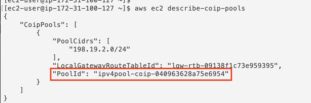 To get your COIP pool ID, you must run aws ec2 describe-coip-pools