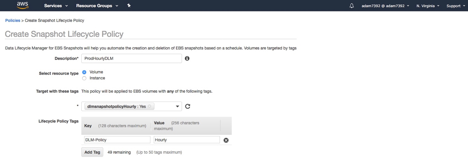 Creating snapshot lifecycle policy for Amazon EBS or Amazon EC2 resource, select the resource and apply resource tags to the policy