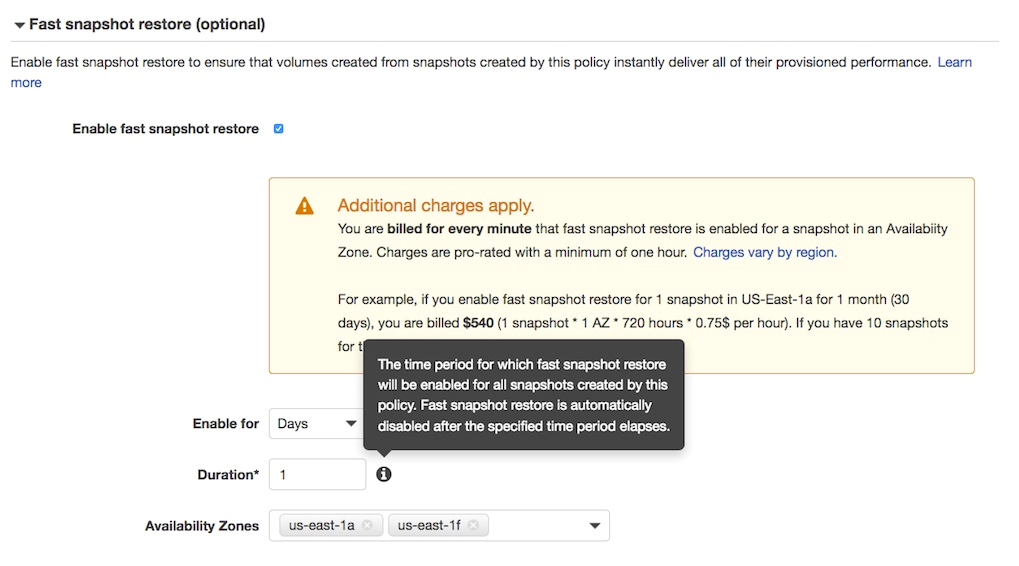 Enable fast snapshot restore and set a duration of 1 (day) retention for the FSR state in select Availability Zones.