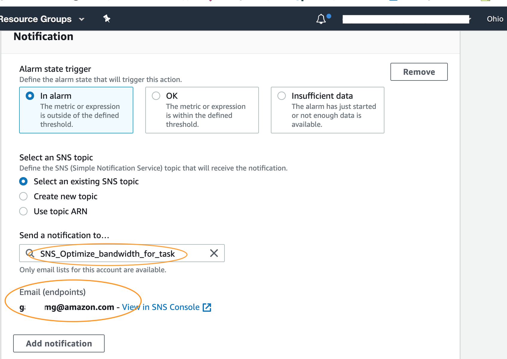 Configuring an SNS notification