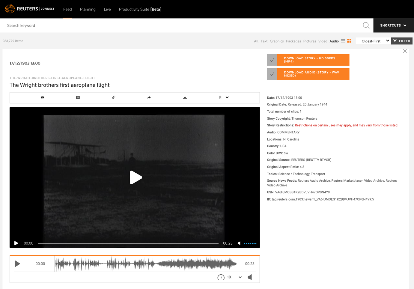 An example of an archive clip with its audio track available for purchase on Reuters Connect