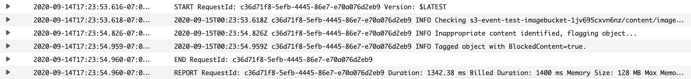 The CloudWatch Logs for the Lambda function show that the S3 Event Notification triggered the function less than one second after creating the S3 test object.