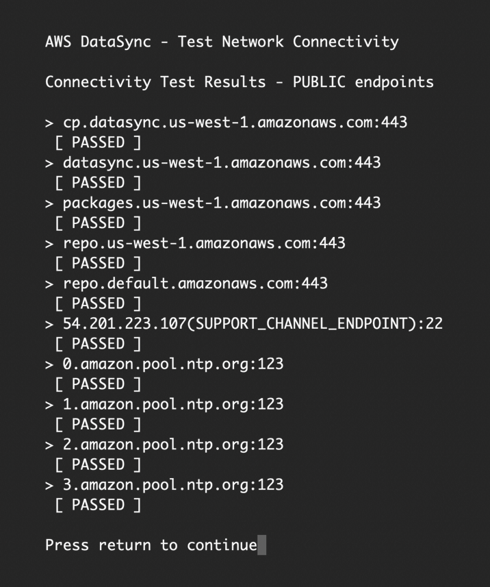 The connectivity tests automatically run against the correct endpoints.