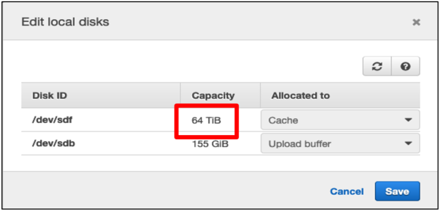 You can easily allocate larger underlying local cache disks to AWS Storage Gateway at setup time.