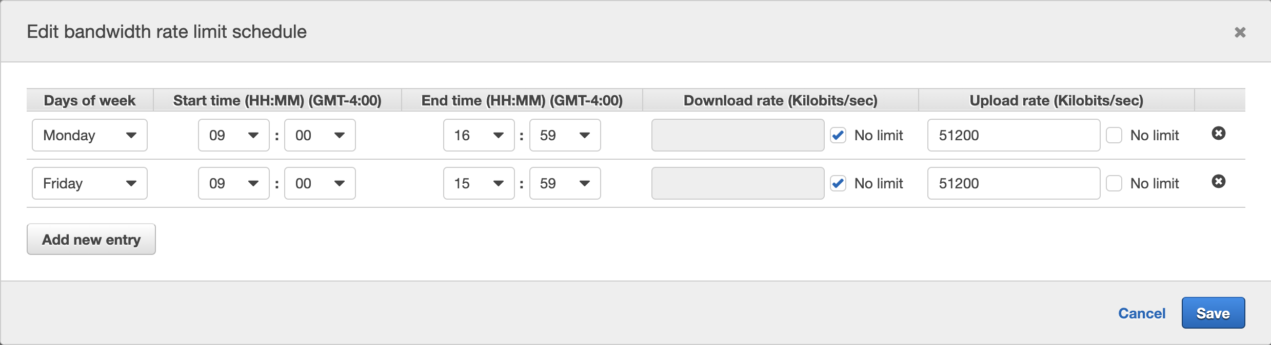 You can easily configure the schedule-based network bandwidth throttling based on your timing, download rate, and upload rate values