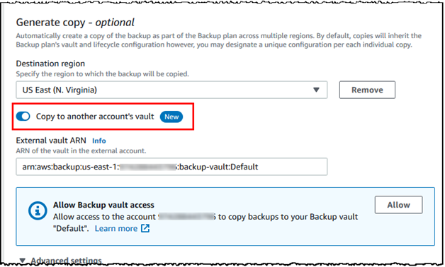 In the Generate copy - optional section, select the new cross-account Backup toggle to enter the backup vault ARN for your destination account