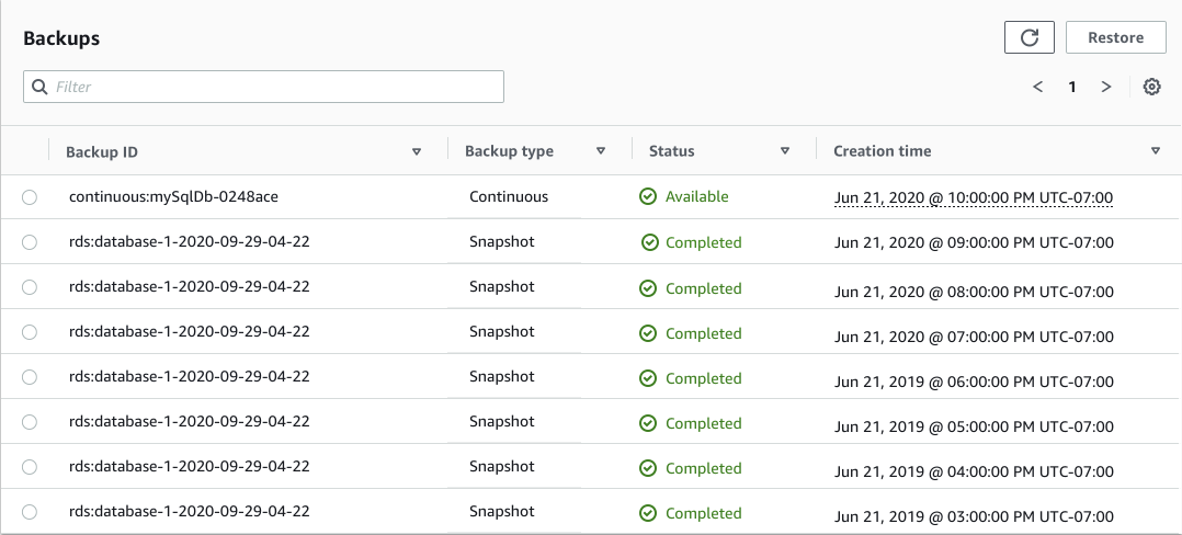 After creating your backup plan, locate the continuous backup in your backups, indicating a recent creation time