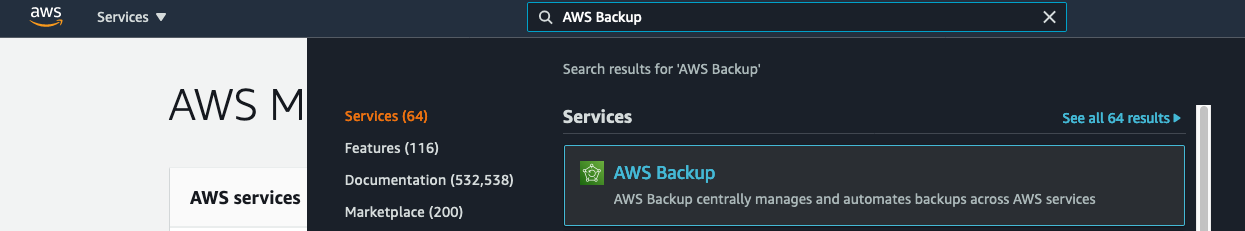 Navigating to the AWS Backup console in the AWS Management Console