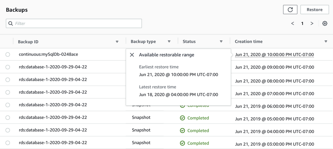 Select the date under Creation time to view your Available restorable range, which is in-between Earliest restore time and Latest restore time.