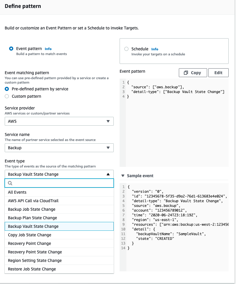 I selected Backup Vault State Change from the list in this example so that I can detect when something changes in the Backup Vault.