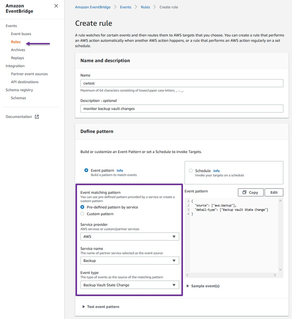 Next select the Event pattern radio button and then the Pre-defined by service button. Select AWS for the Service provider and then select Backup for the Service name.