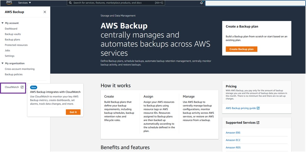 Open up the menu in the AWS Backup console, and select CloudWatch