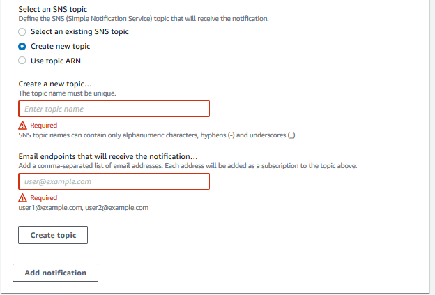 To define a new topic select Create new topic, fill in the topic name, and fill in the email alias of the team members that must receive the notification.