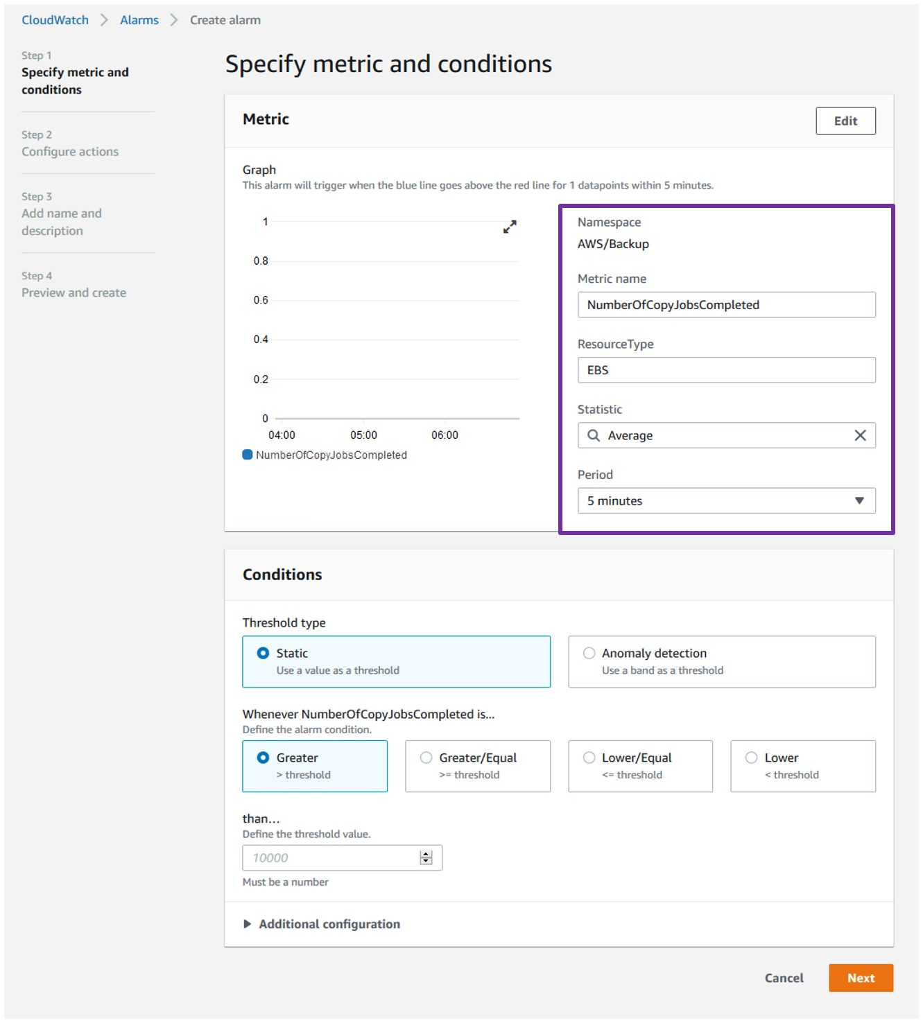 For Step 1 in the wizard, specify the metric and set the condition that you want the alarm to trigger