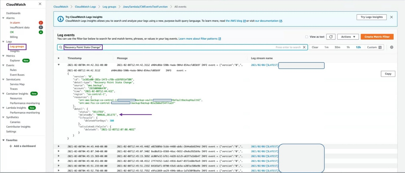 recovery point has a status of DELETED, what time the deletion occurred, and that the deletion is a MANUAL_DELETE