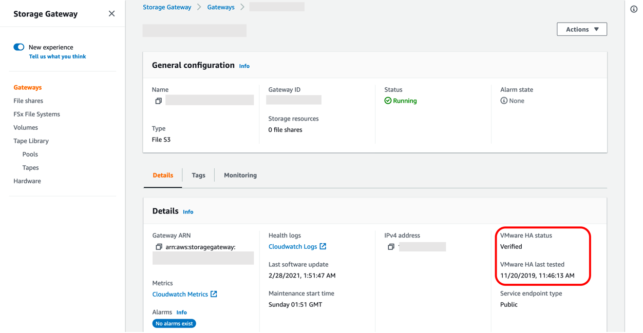 An example of an Amazon S3 File Gateway deployed in a VMware Cluster on-premises with High Availability enabled.