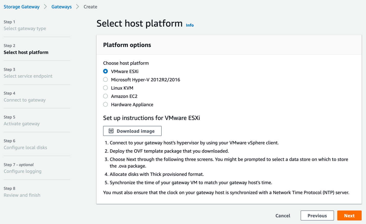 Selecting host a platform and downloading a virtual appliance while deploying AWS Storage Gateway