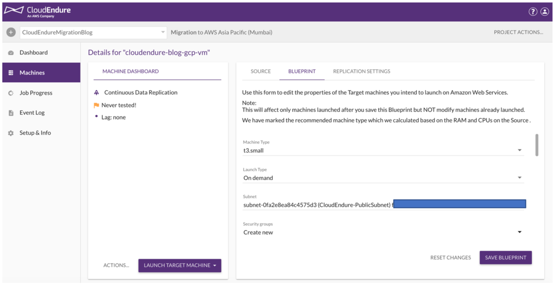 Configuring the blueprint for each target machine - CloudEndure Migration - Migrate VM from GCP and Azure to AWS (3)