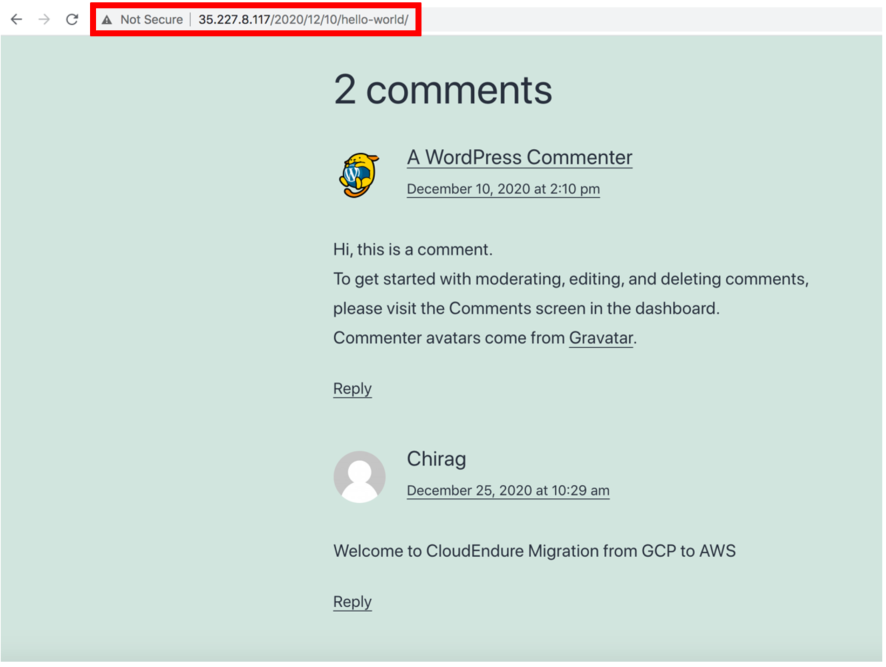 For the GCP target server, use the public DNS or IP Address to access your WordPress website and verify if the changes have persisted (1)