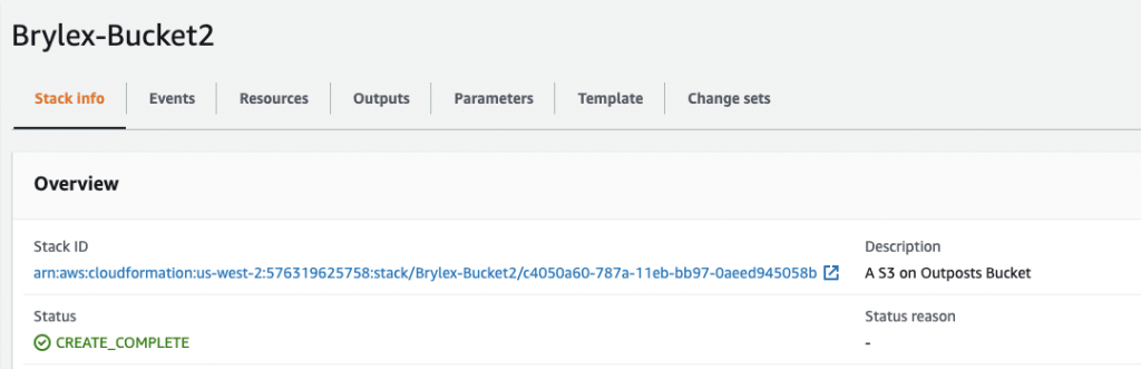 Stack ID, status and description - stack info - S3 on Outposts