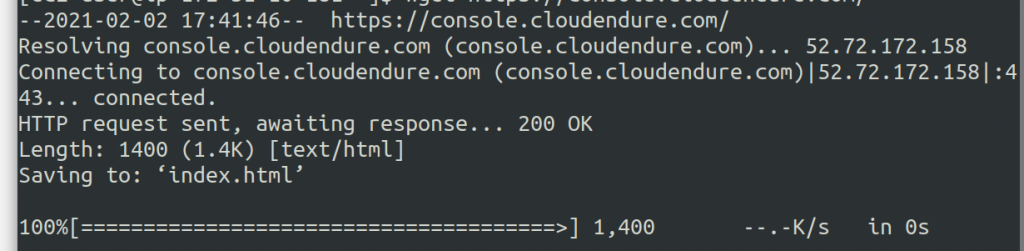 Testing the first requirement, HTTPS connectivity to the CloudEndure console - this is a successful response.