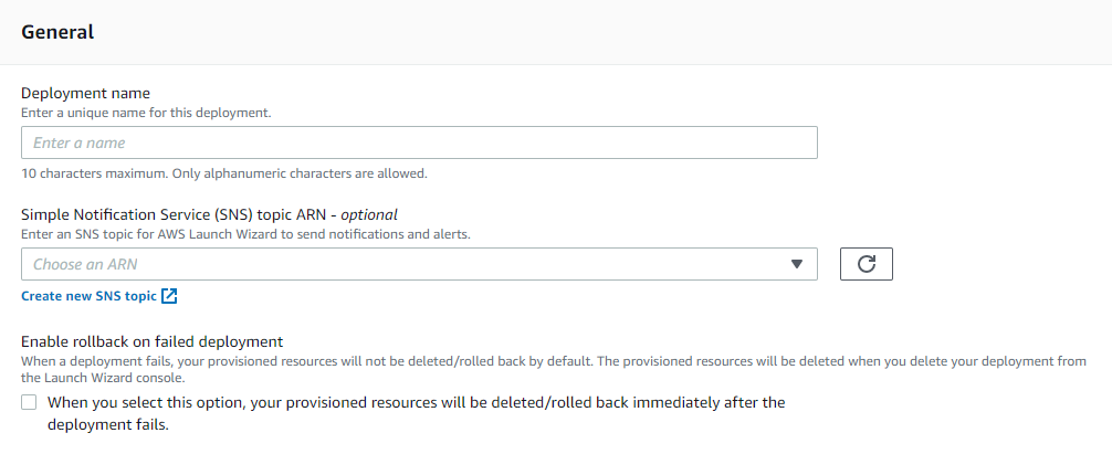 Enter a deployment name and specify an Amazon SNS topic ARN to receive notifications about your application deployment