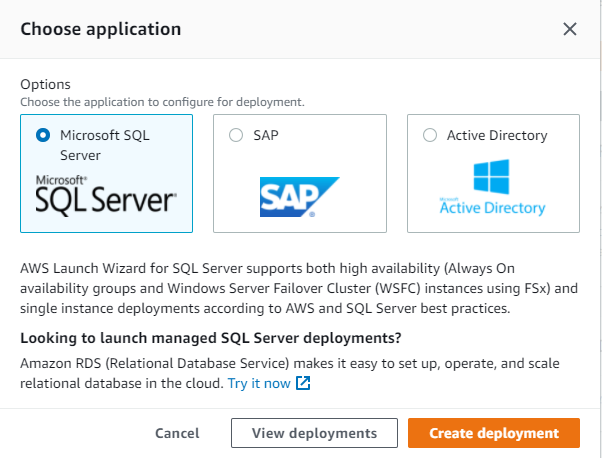 Next, choose SQL Server and Create Deployment to start the wizard.