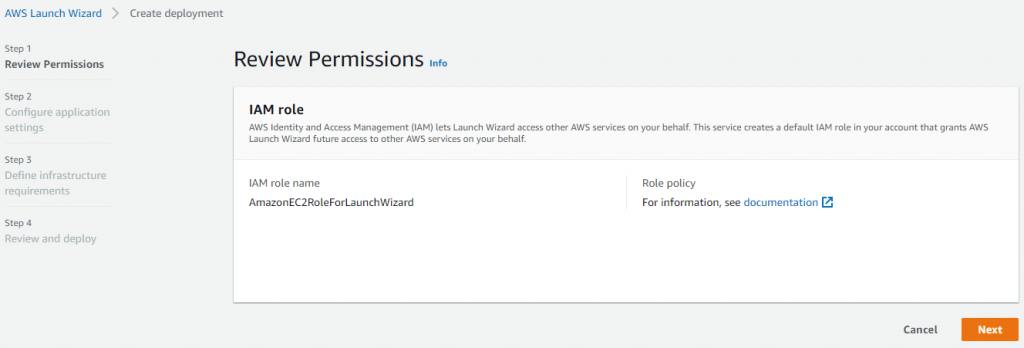 SQL Server Launch Wizard, Step 1 displays information regarding the AWS Identity and Access Management (IAM) role used for the deployment