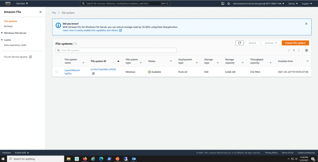 Viewing your file system in Amazon FSx console - using Launch Wizard to easily deploy SQL Server Always On Failover Cluster Instances