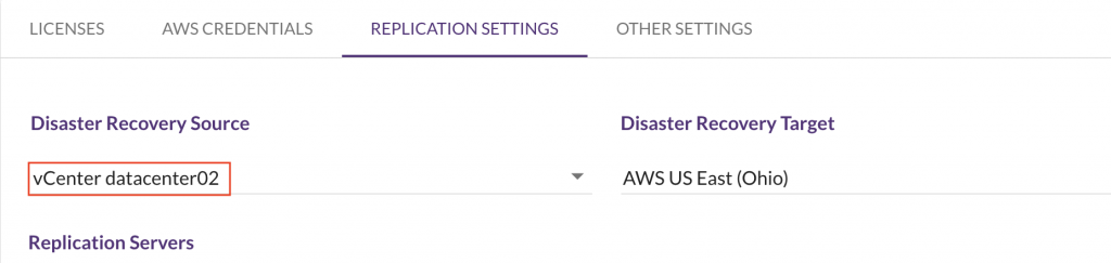 On the Replication Settings screen, you should be able to see your data center as the Disaster Recovery Source