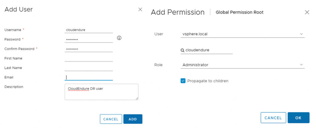 a vCenter user 'CloudEndure' (any user name) with administrator access - make note of the password for future use