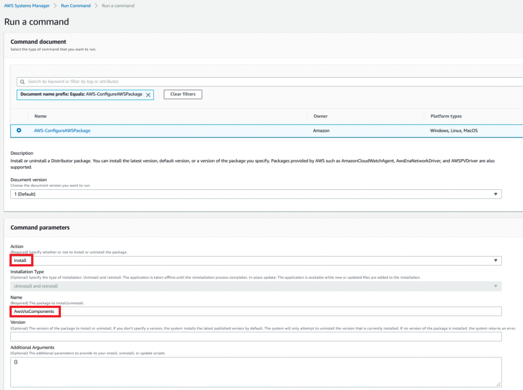 Install AwsVssComponents that are prepopulated as Command parameters.