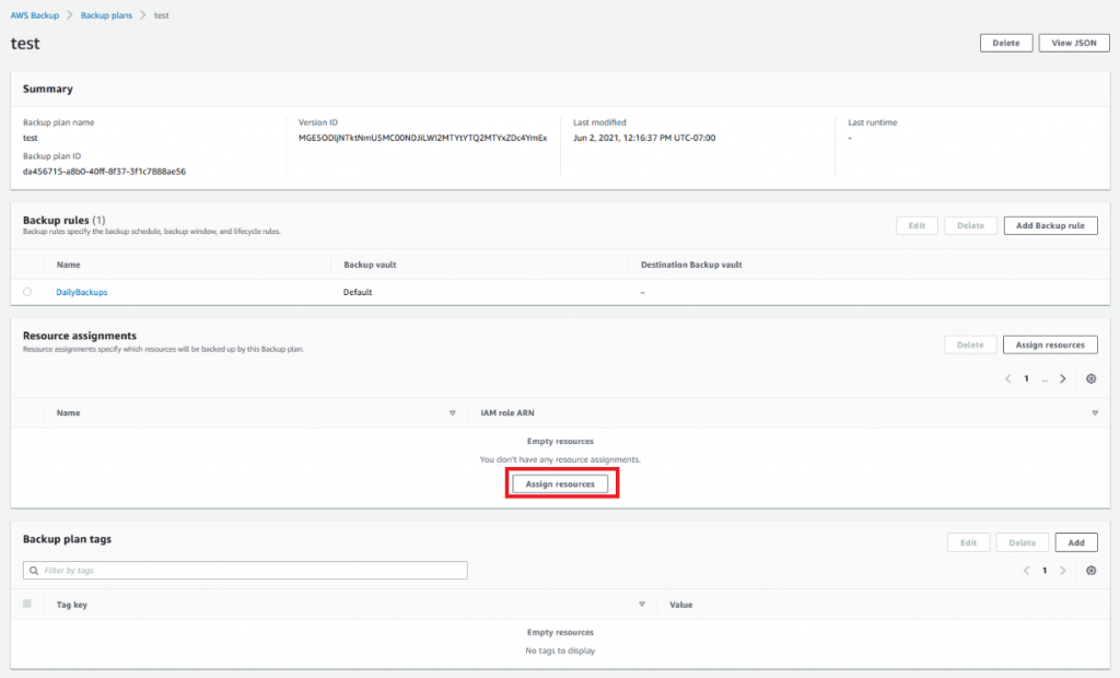 Once the backup plan is created, click on assign resources under resource assignments